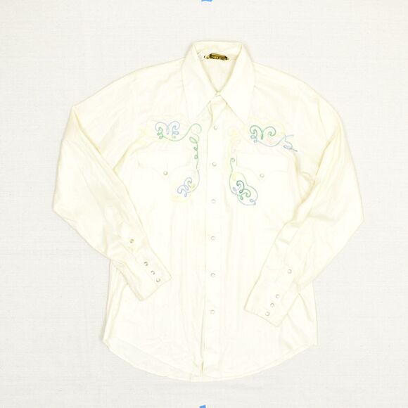 Tem Tex Men Western Pearl Snap Shirt Polyester Beige Size 15 / 35 VtG Stained - Picture 2 of 8